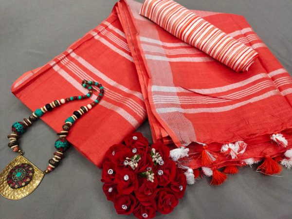 Red-Orange cotton linen saree with printed cotton blouse