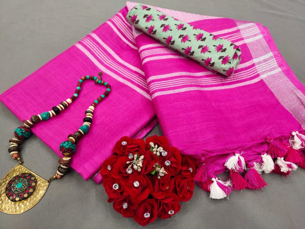 Magenta cotton linen saree with printed cotton blouse