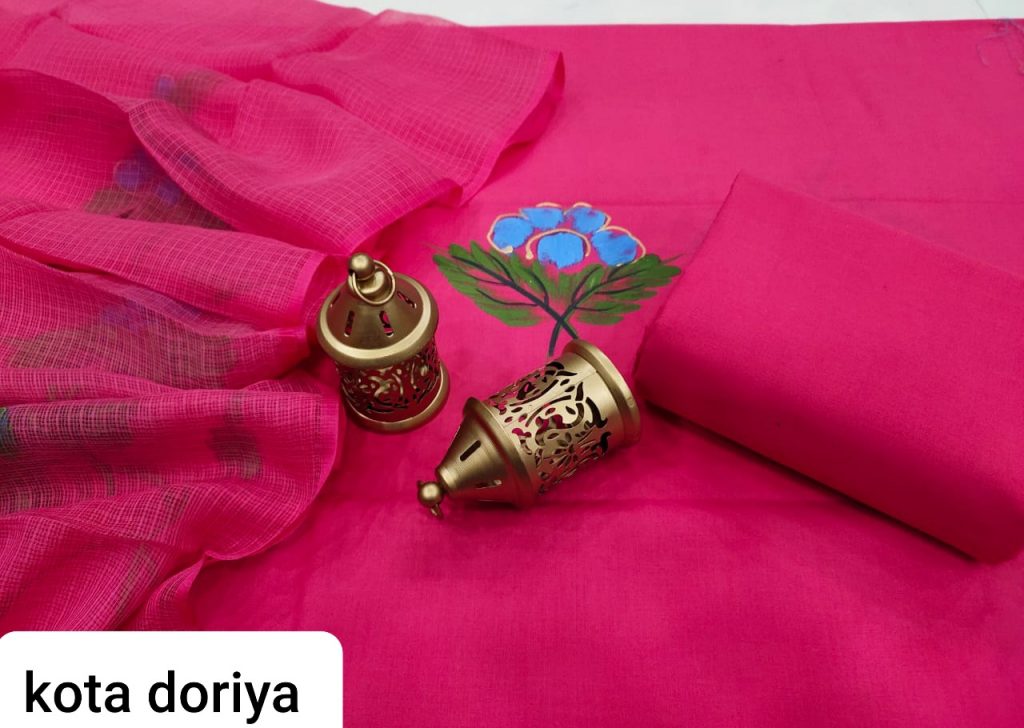Magenta rose Hand painted cotton salwar kameez suit with kota doria dupatta