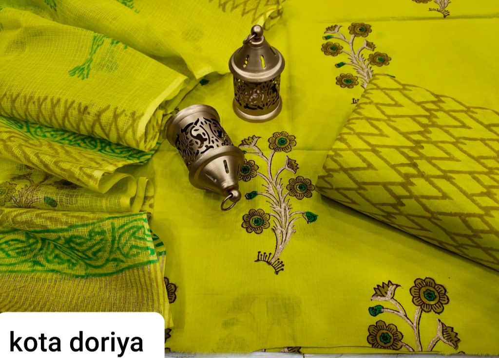 Lemon-Lime cotton suit with kota doria dupatta set