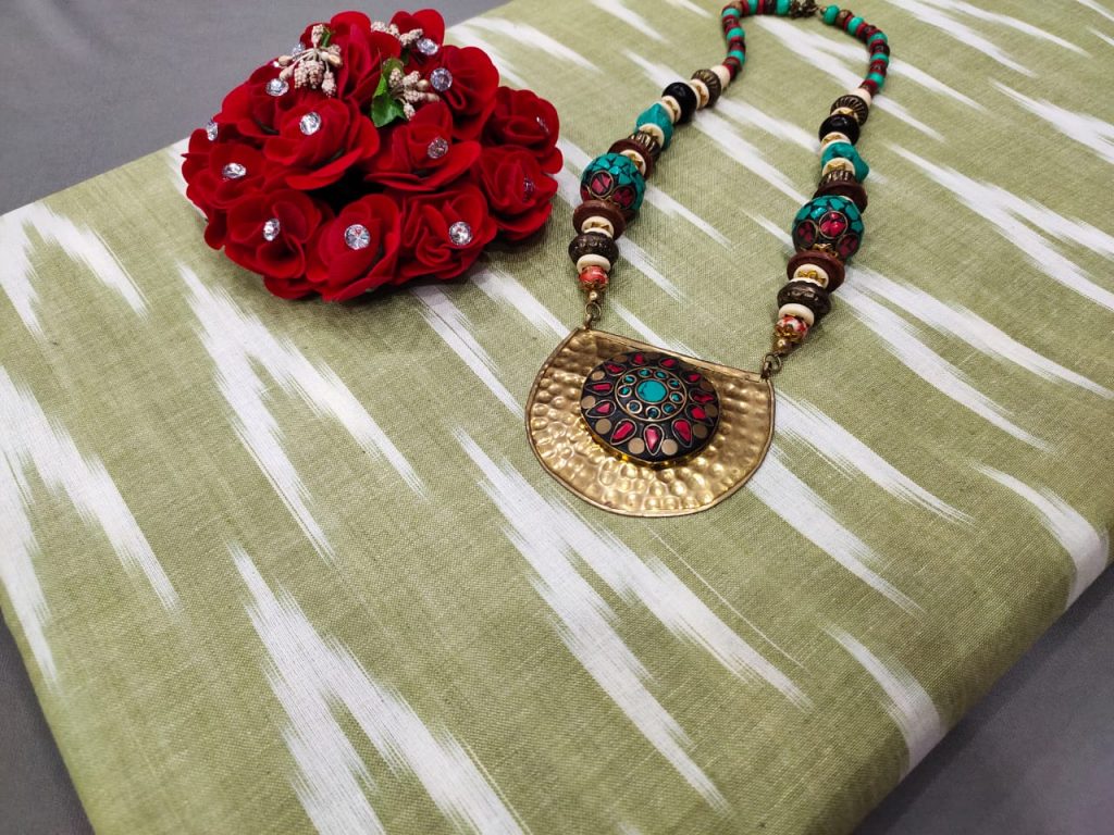 Light Olivetone pure ikkat for indian ethnic wear dress material