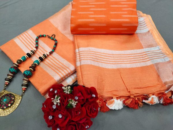Orange Handloom cotton linen saree