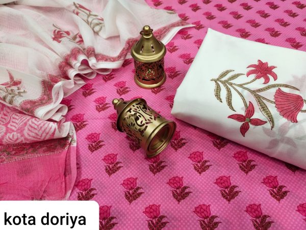 Beautiful pink and white pure cotton suit with kota doria dupatta set