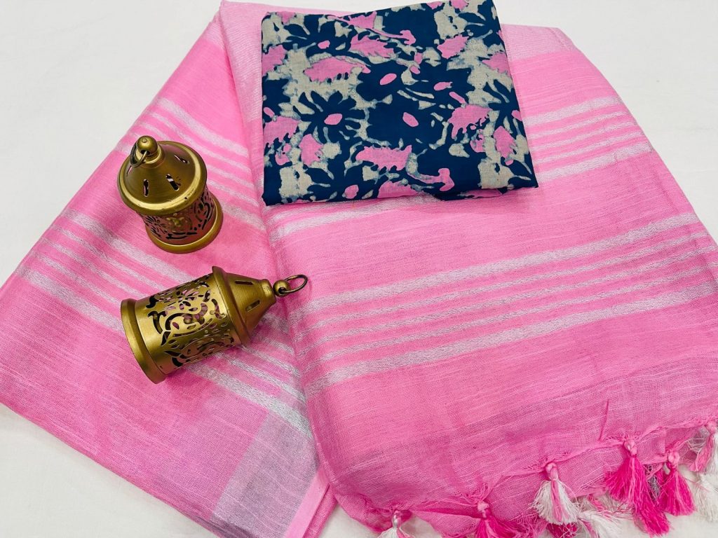 Pink Handloom cotton Linen saree with printed cotton blouse
