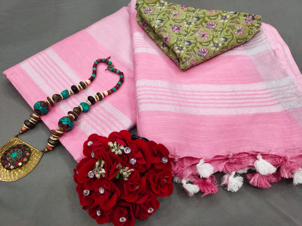 Pink Handloom cotton linen saree with printed cotton blouse
