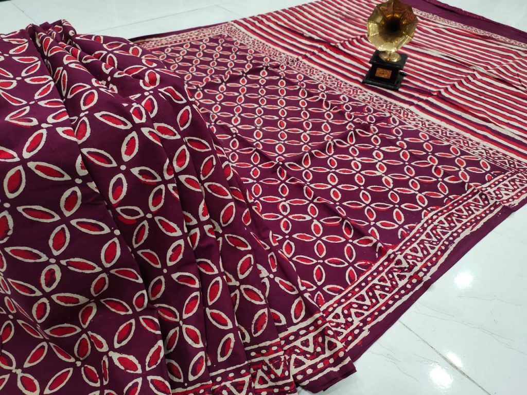 Deep Rouge Blush pure cotton mulmul saree with blouse