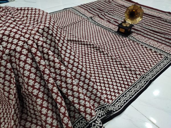 Maroon Cotton mulmul saree with blouse