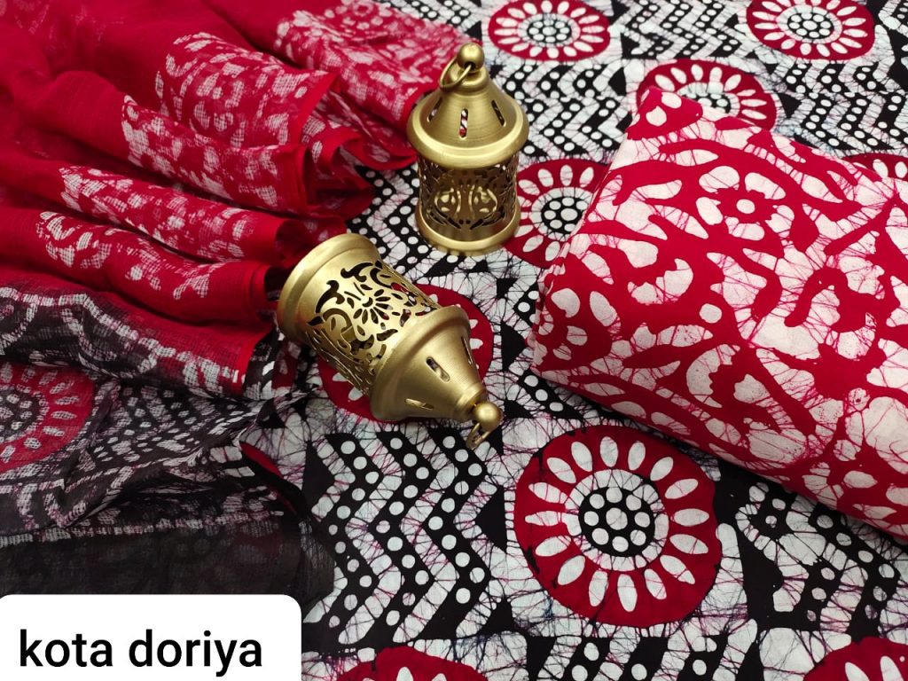 Crimson and white cotton salwar kameez suit with kota doria dupatta