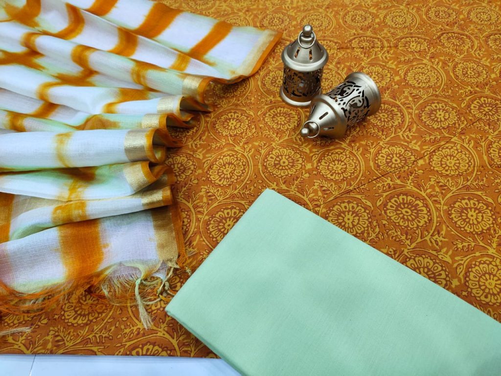 Traditional Marigold and white Cotton suit with kota silk dupatta