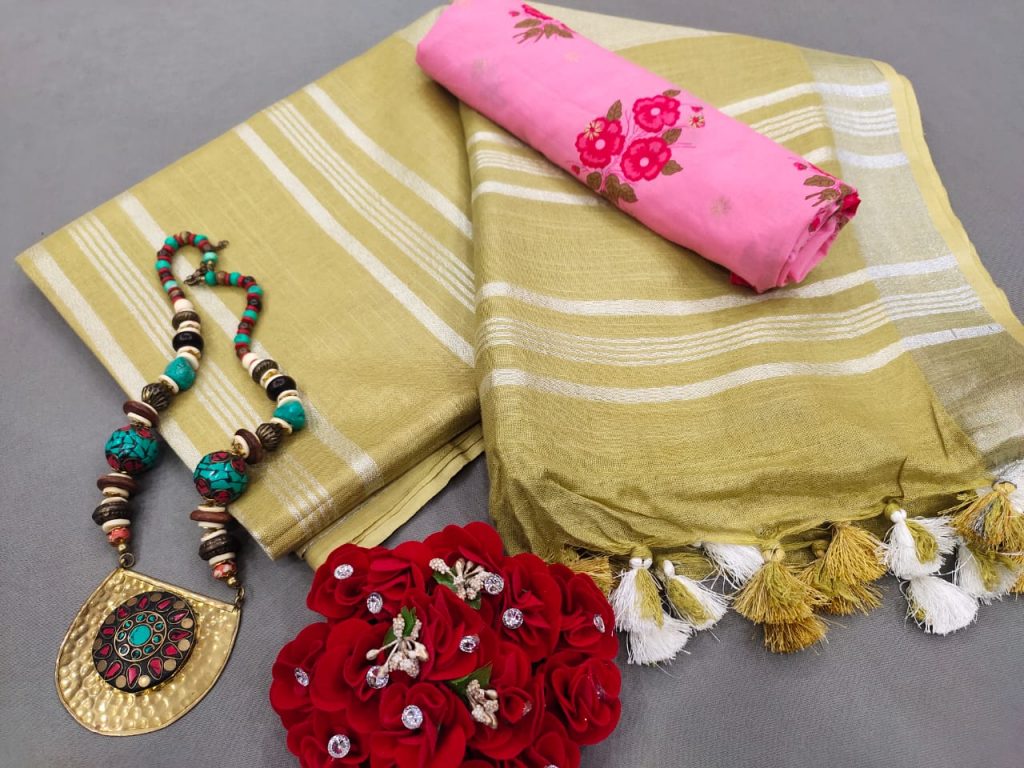 Exclusive Light Khaki Handloom cotton Linen saree