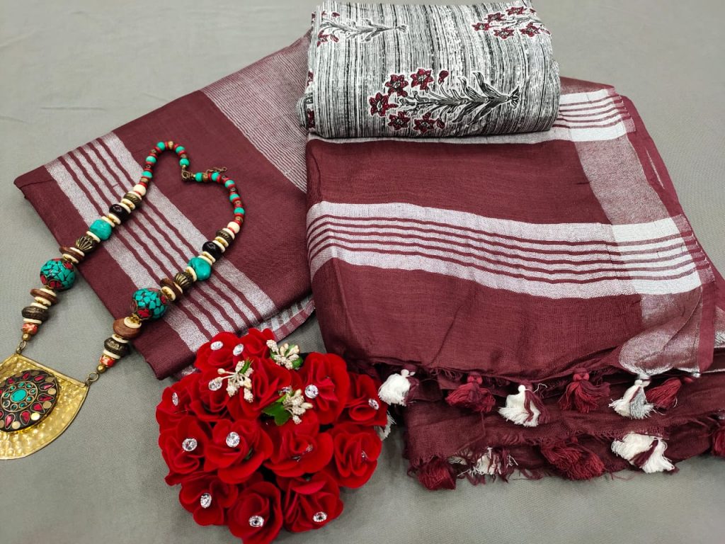 Burgundy Handloom linen saree online shopping