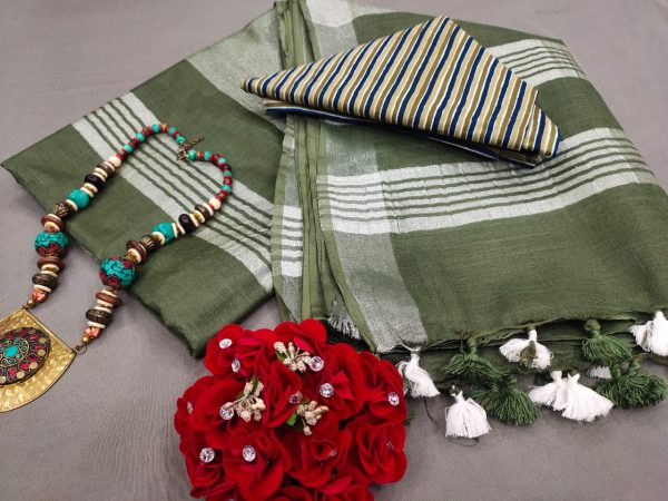 Olive Handloom cotton linen saree with printed cotton blouse