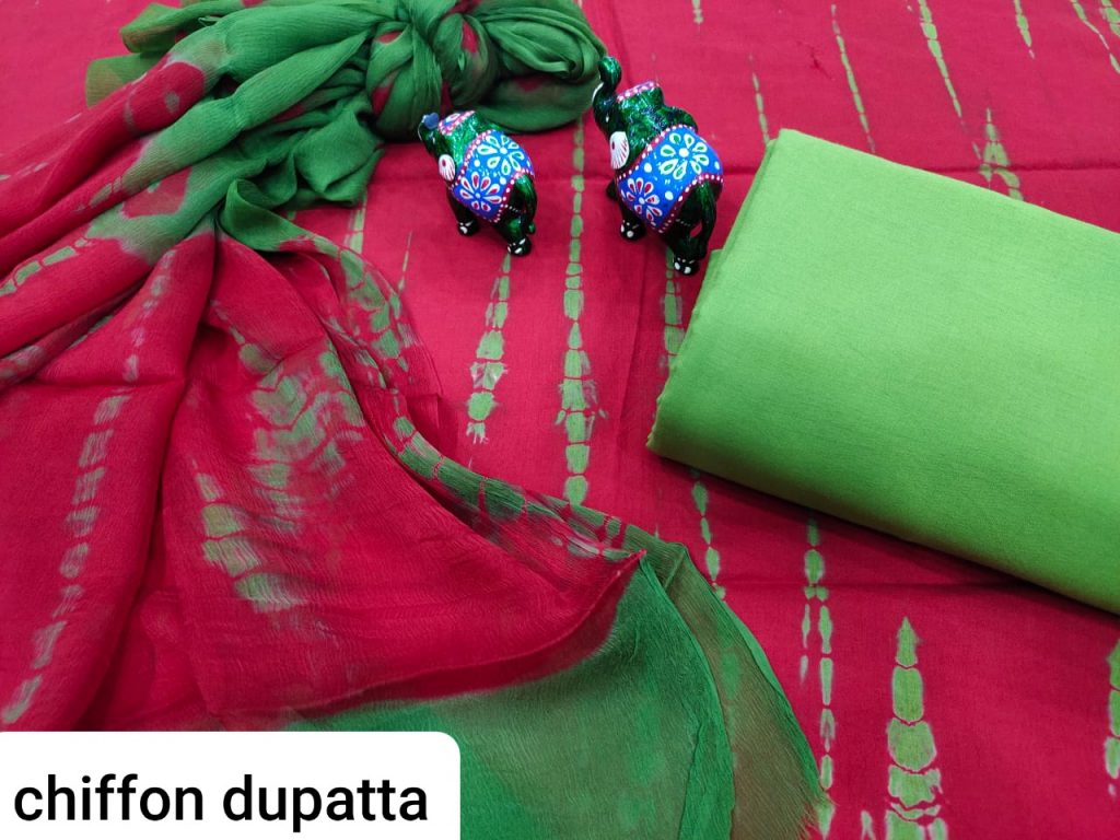 Traditional ruby and green pure chiffon chunni cotton salwar suit set