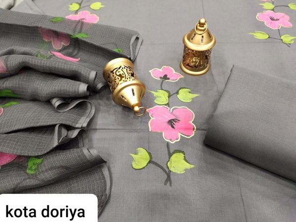 Gray pure Hand painted cotton suit with kota Doria dupatta