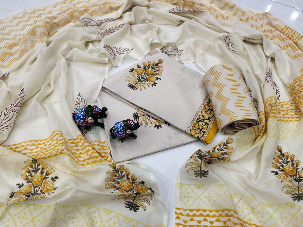 White floral print Cotton salwar kameez set with mulmul dupatta
