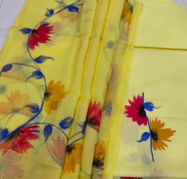 Yellow floral print Hand painted cotton suit with kota doria dupatta set