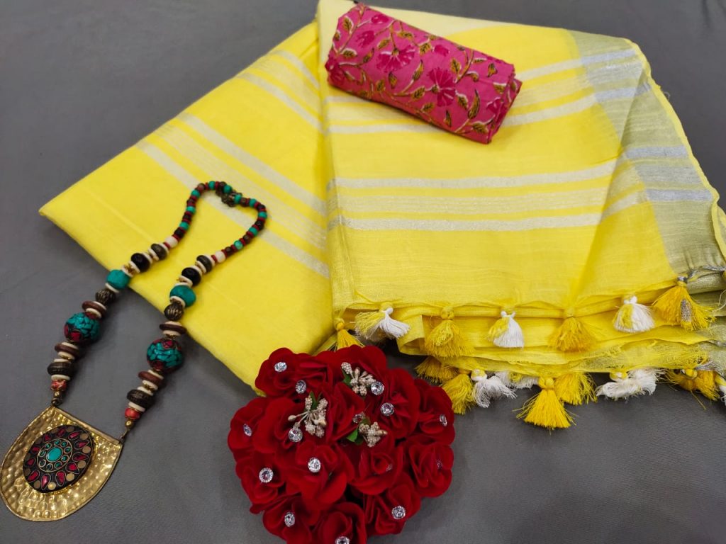 Yellow cotton linen saree with printed cotton blouse