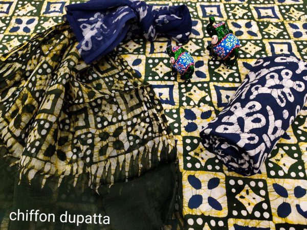 Navy blue and black designer cotton suits with chiffon dupatta