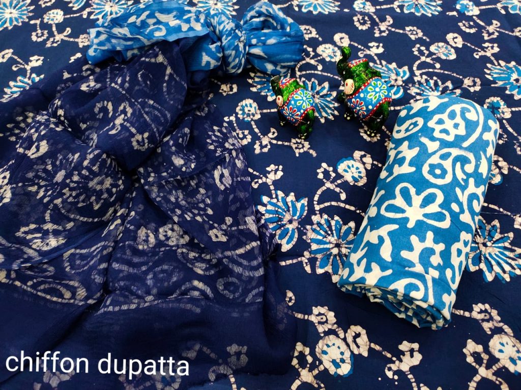 Blue cotton suit material with chiffon dupatta