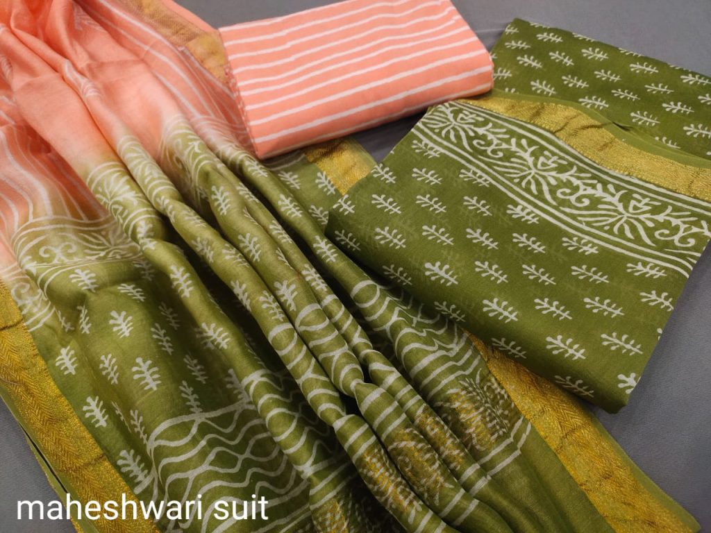 Olive and salmon maheshwari silk suit ethnic wear ladies suit