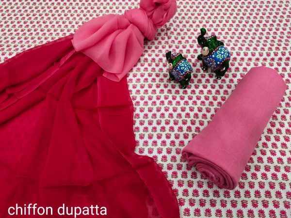 Pink And crimson cotton dress material with chiffon dupatta wholesale