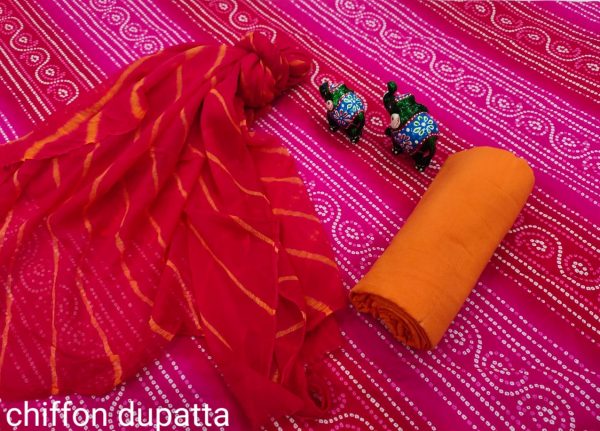 Beautiful Magenta rose and amber cotton salwar kameez set with chiffon dupatta