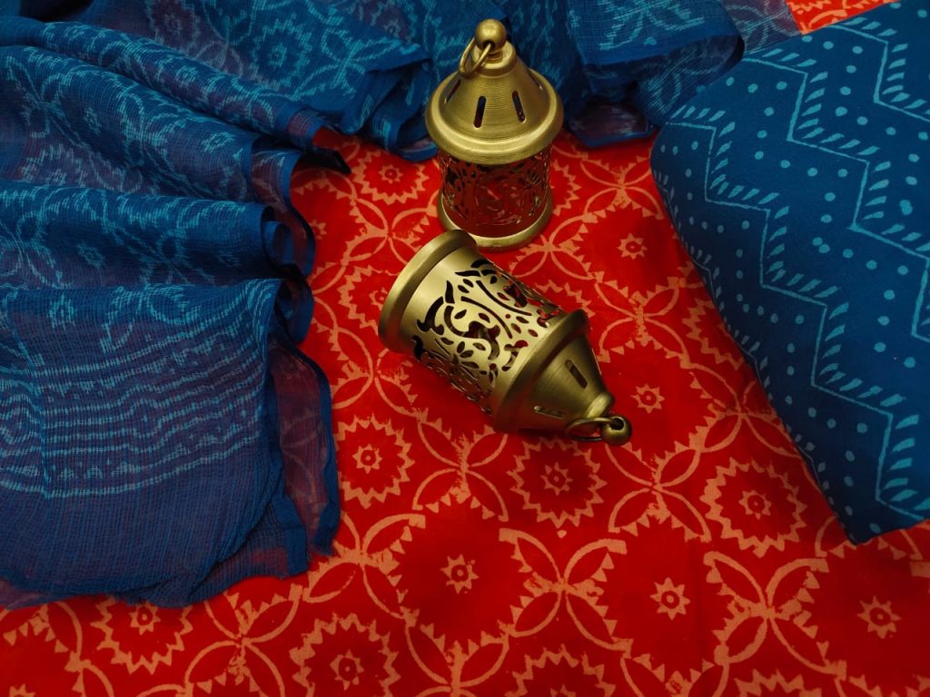 crimson and blue pure cotton salwar kameez suit with kota doria dupatta