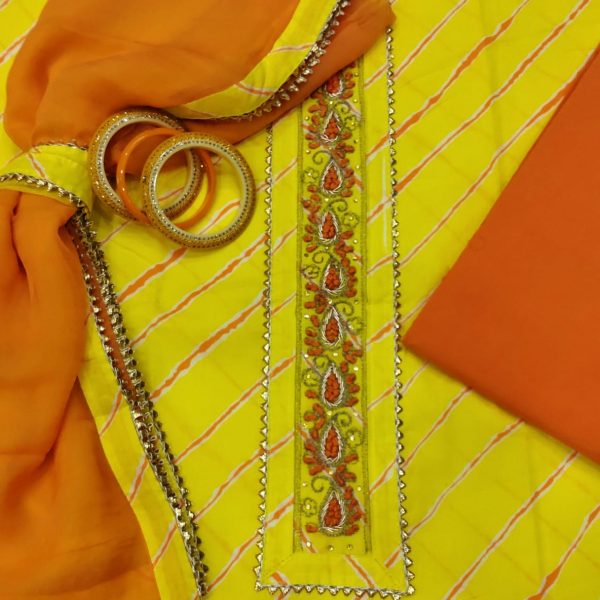 Lemon designer unstitched cotton suits printed gota hand work suit set