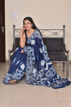 Navy blue printed saree for party