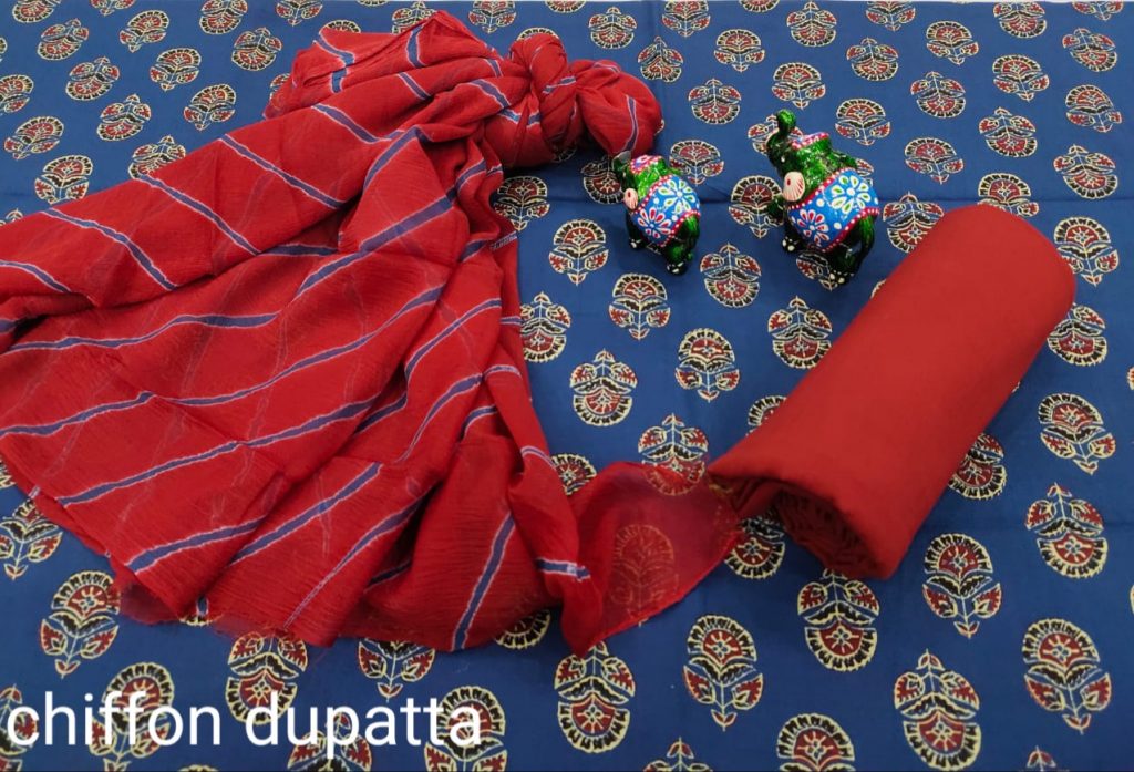 Blue cotton suit with chiffon dupatta online