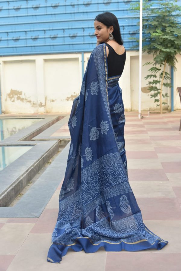 Persian blue block print silk cotton sarees