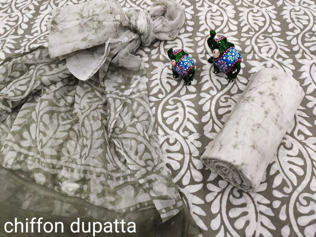 French Taupe and white cotton suits with pure chiffon dupatta wholesale