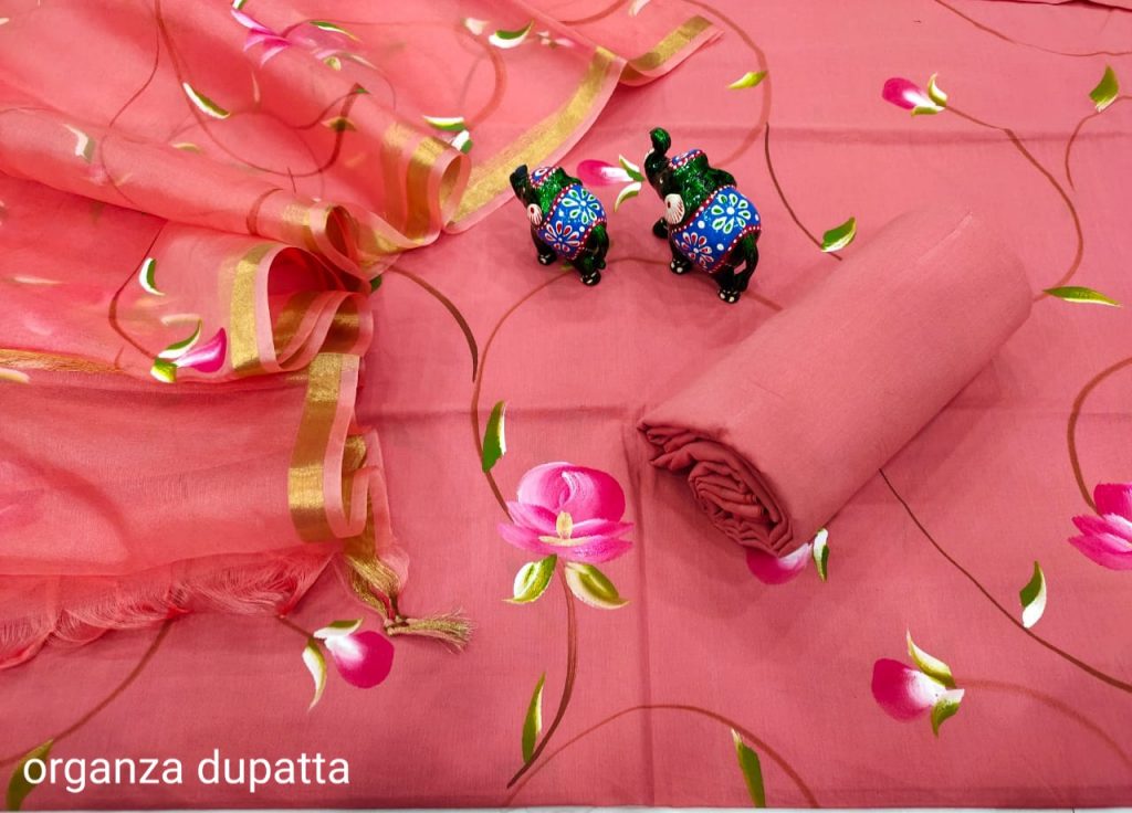 Carnation pink Hand painted cotton suit with heavy dupatta