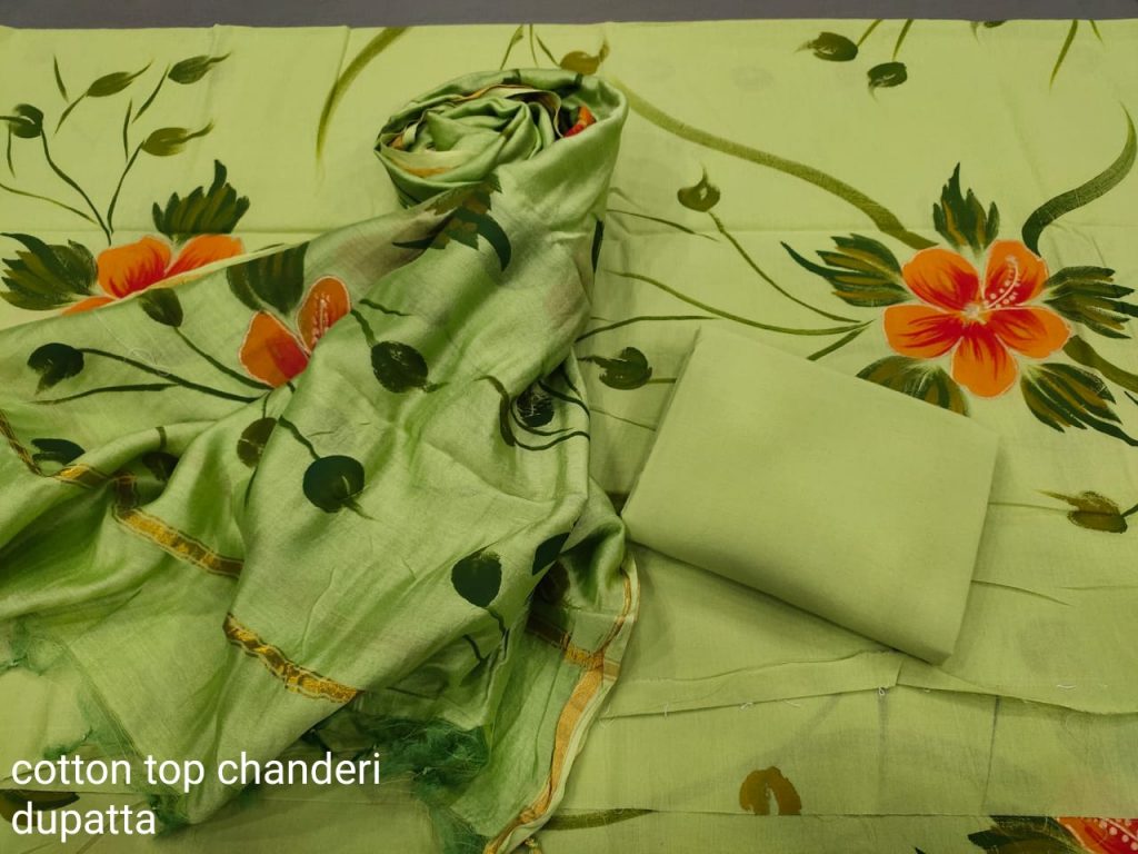 Dull Green Hand painted cotton salwar suit with dupatta set