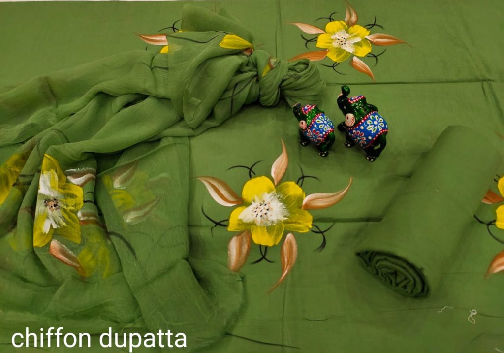 Sea green Hand painted cotton salwar suits with chiffon dupatta