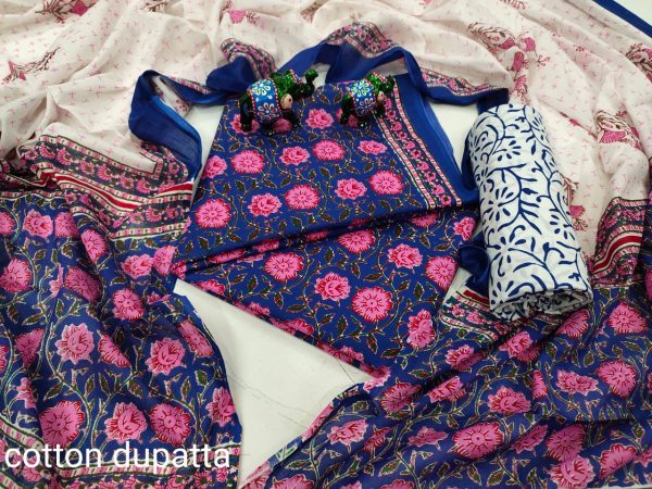 Blue and white cotton salwar kameez fabric