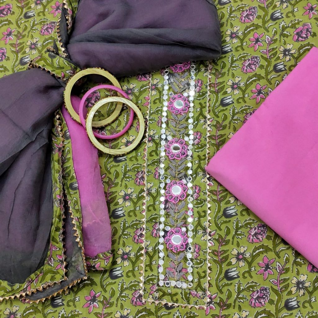 Pear and pink gota hand work cotton embroidered salwar suit