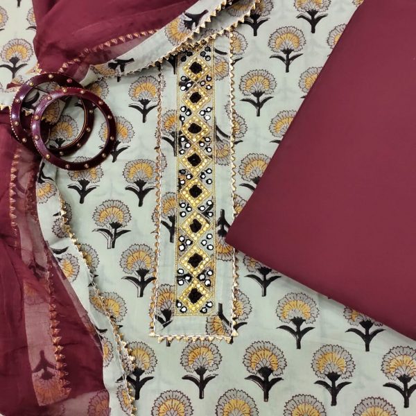 Burgundy and white gota hand work cotton embroidered salwar suit
