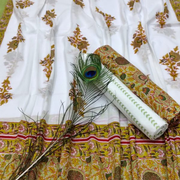 Traditional brown And white pure cotton dupatta suit set