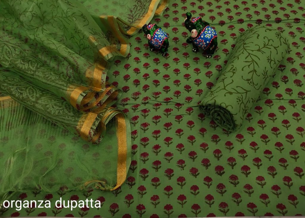 Green cotton suit with Organza dupatta set