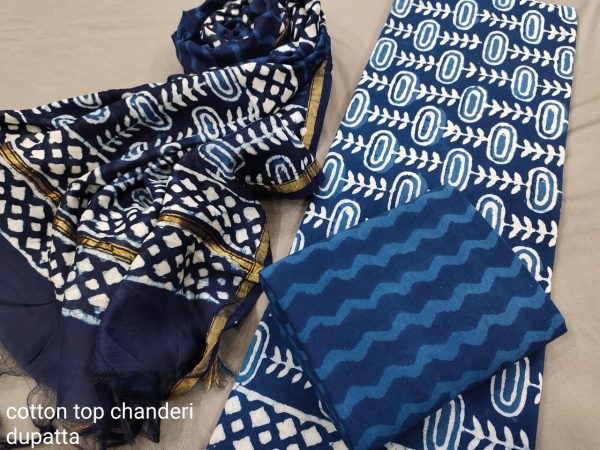 jaipuri Navy blue Cotton salwar suit with chanderi dupatta