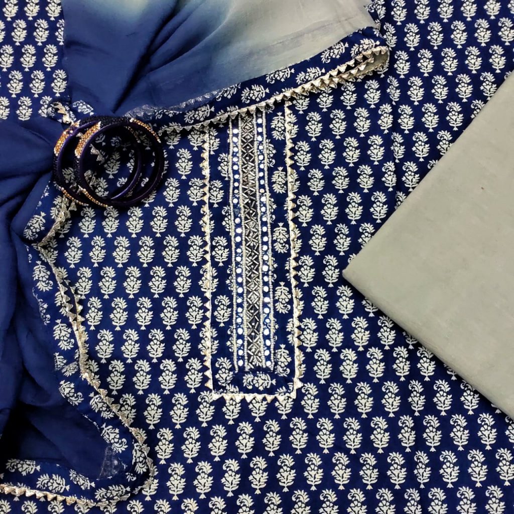 Persian blue gota work cotton suit with hand embroidery