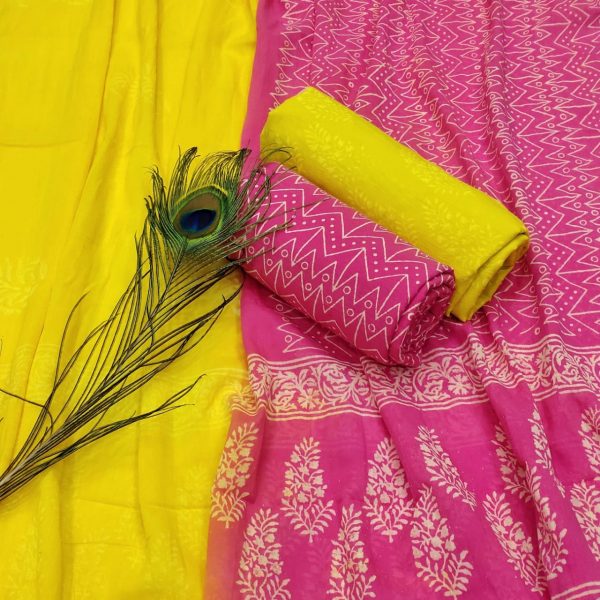 Magenta rose and Yellow unstitched cotton salwar kameez material online india