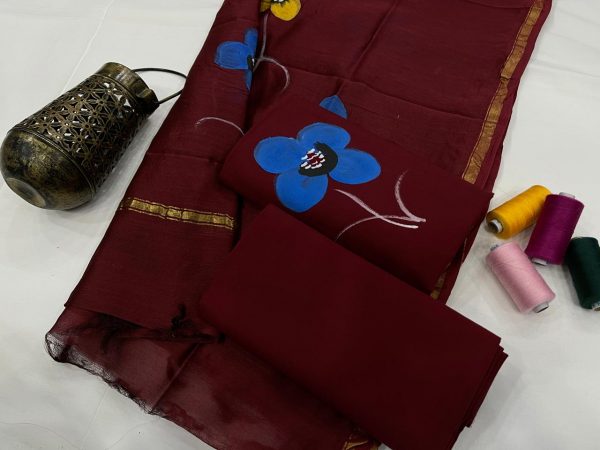 Maroon  Hand painted Cotton salwar suit with chanderi dupatta