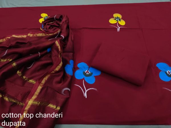 Maroon  Hand painted Cotton salwar suit with chanderi dupatta