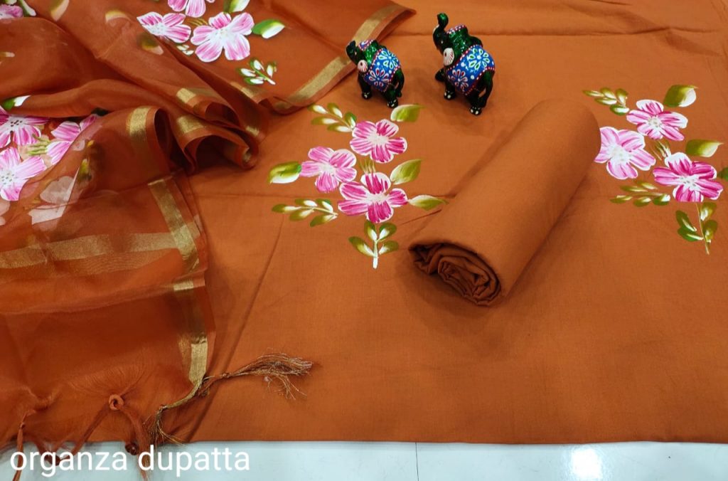 Ochre cotton suit with banarsi dupatta
