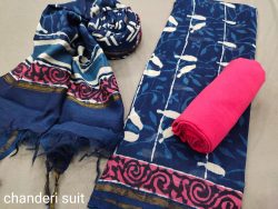 Navy blue chanderi cotton suit with dupatta online