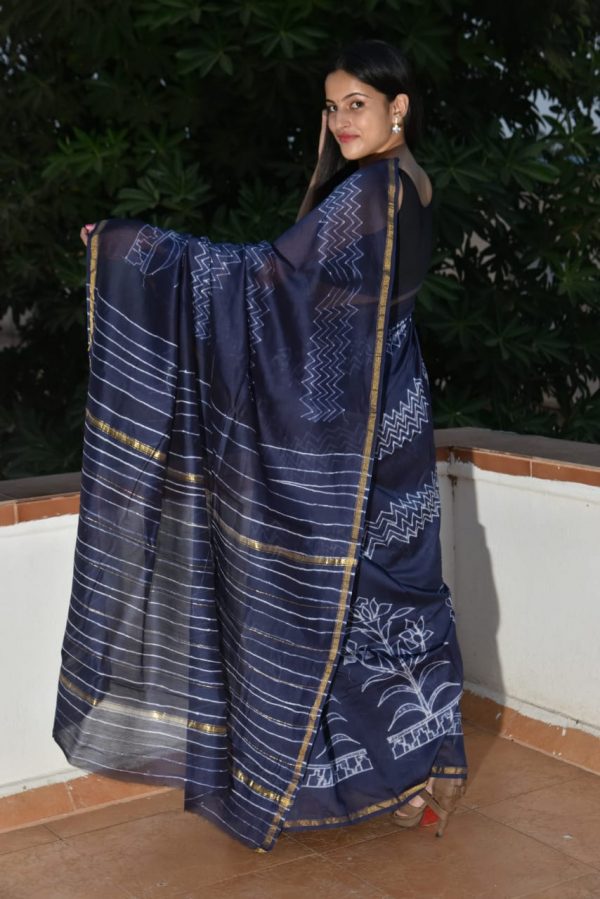 Navy blue printed cotton silk saree