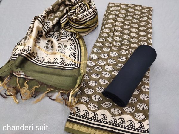 Olive chanderi cotton silk salwar suit dress material