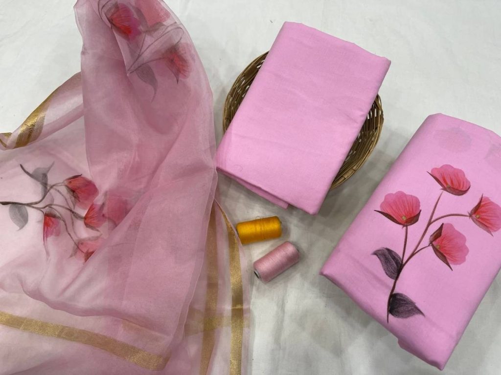 Pink Hand painted cotton suit with Organza dupatta set
